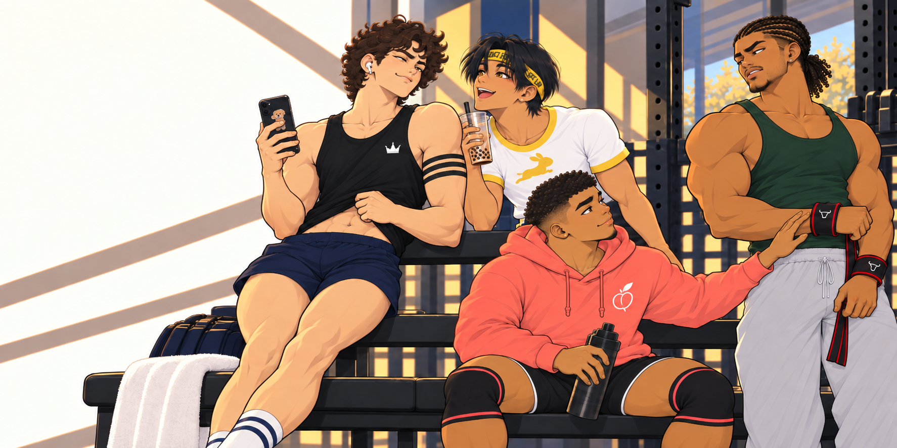 Alex, Nico, Dorian and Jace together in the gym at golden hour.